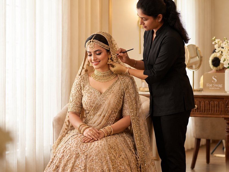Makeup artist preparing a bride in a gold embroidered outfit and jewellery at S For Swag Bridal Studio